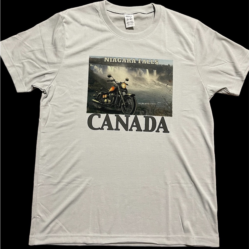Motorcycle at Niagara Falls Canada Custom made Tshirt 100% gray polyester Tshirt